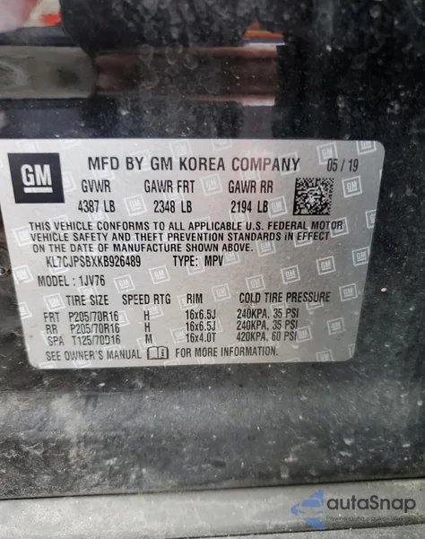 2019 Chevrolet Trax 1Lt z USA, uszkodzony, nr VIN KL7CJPSBXKB926489